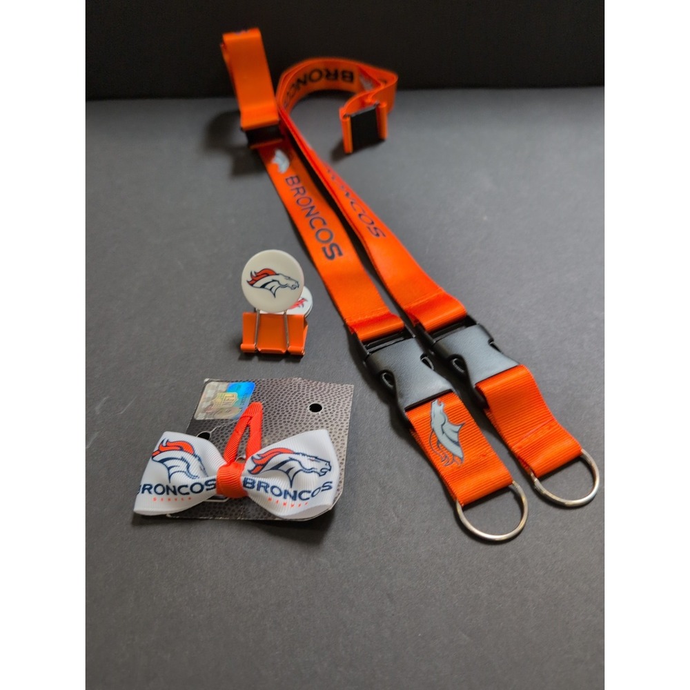 Lot Of Four Assorted Broncos Fan Items 2 Lanyards 1 Hair Clip 1 Binder Clip.